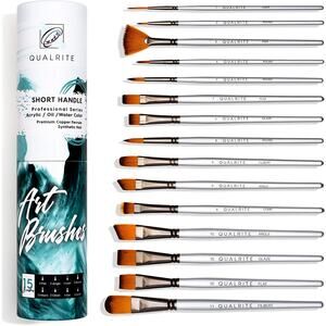 Qualrite Short Handle Art Paint Brushes, 15 Piece Set with Wooden Handle